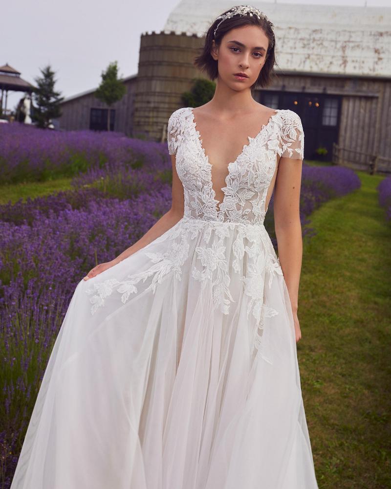 La24117 simple lace wedding dress with sleeves and long tulle train3